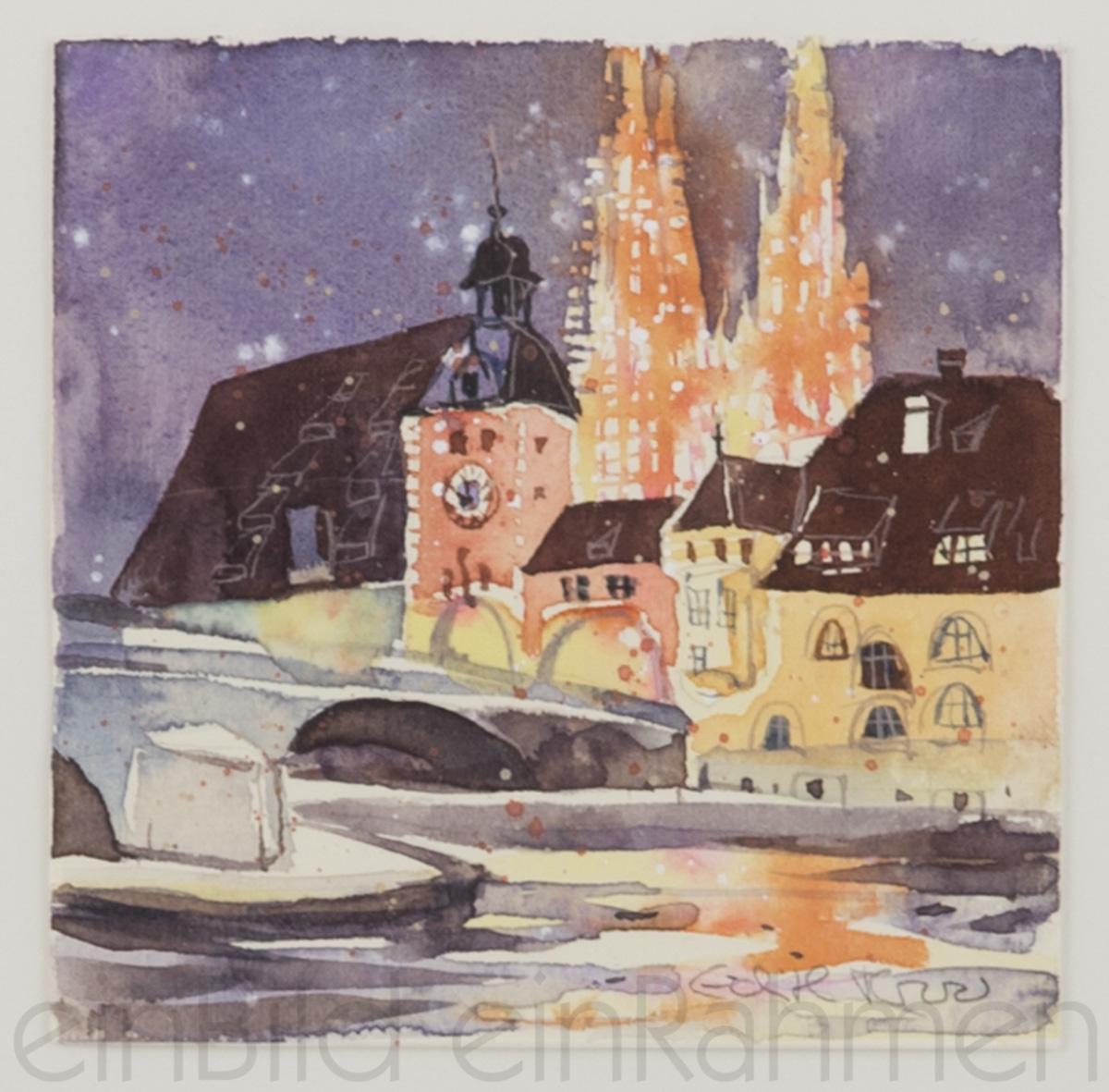 Dom bei Nacht, Regensburg Edtih Thurnherr Aquarell Kleines Format